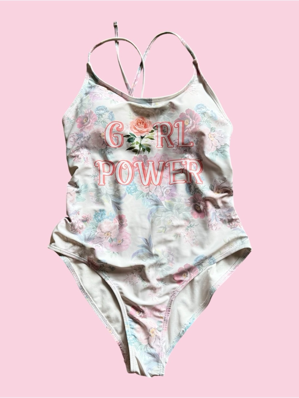 Blu C Girl Power Floral One-Piece Swimsuit Pink Cream Bathing Suit Size M